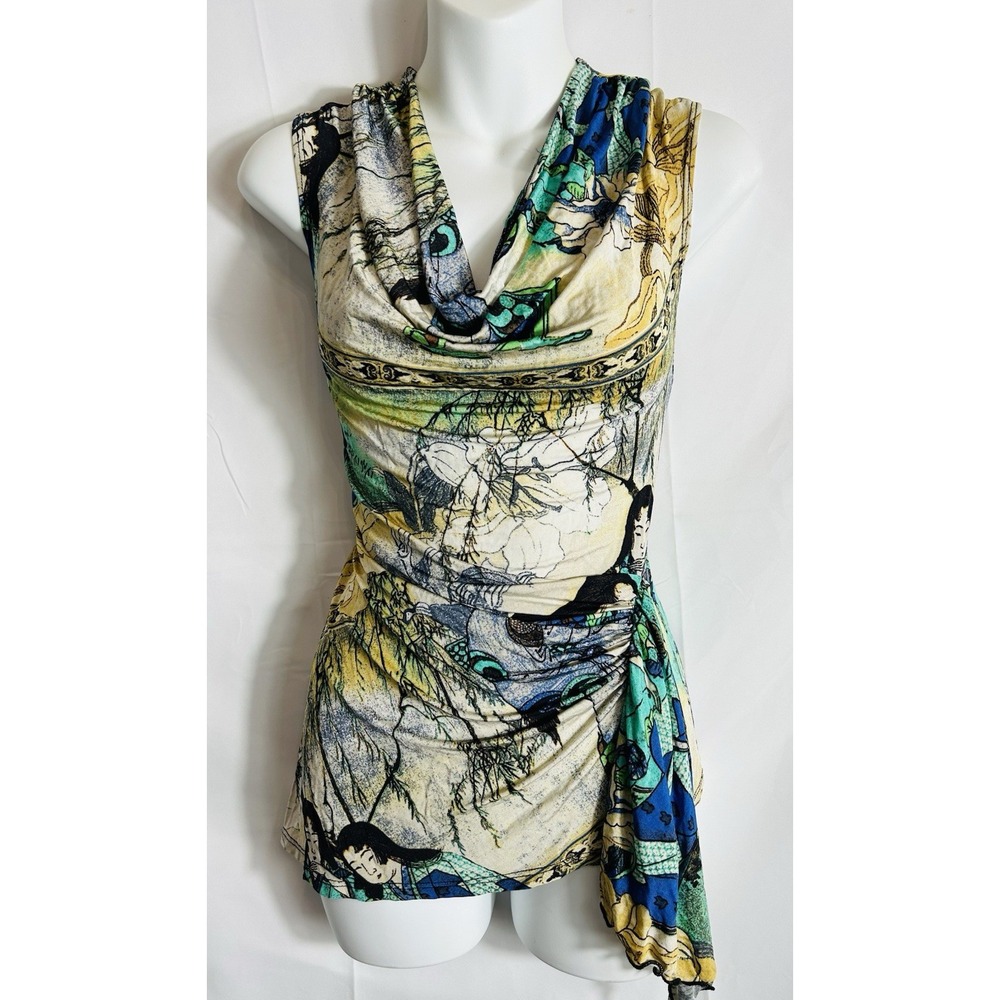 Vintage USA‎ 90s Cache Top Cowl Neck Size M Y2K Asian Boho Asymmetric Art Phoebe